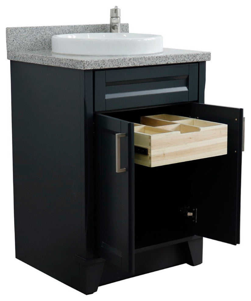 25" Single Sink Vanity, Dark Gray Finish With Gray Granite And Round Sink