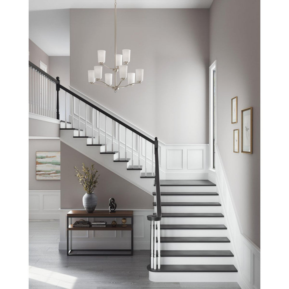Adley Collection Nine-Light Brushed Nickel Etched White Opal Glass Chandelier