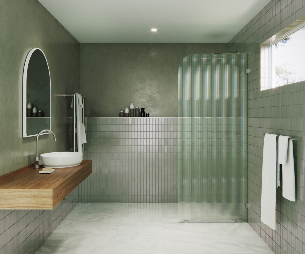 30"x78" Frameless Shower Door, Single Fixed Panel Fluted Radius, Brushed Nickel, 30" Right
