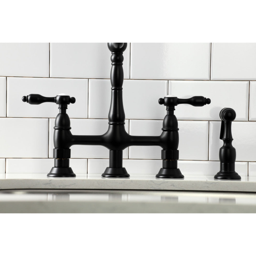 KS1270TALBS Tudor Bridge Kitchen Faucet With Brass Sprayer, Matte Black