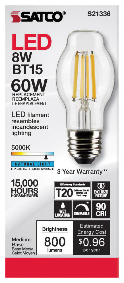 8W BT15 LED, Clear, Medium Base, 90 CRI, 5000K, 120V