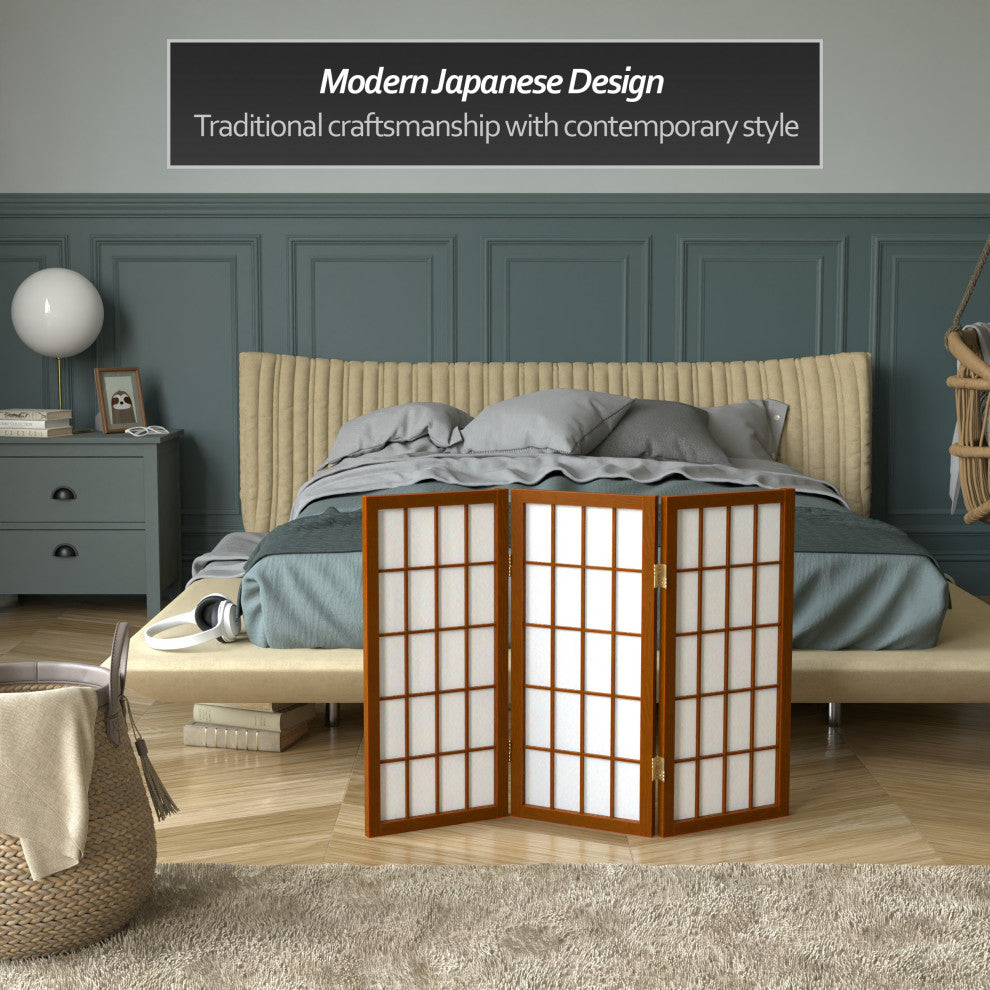 2' Tall Desktop Window Pane Shoji Screen, Walnut, 3 Panels