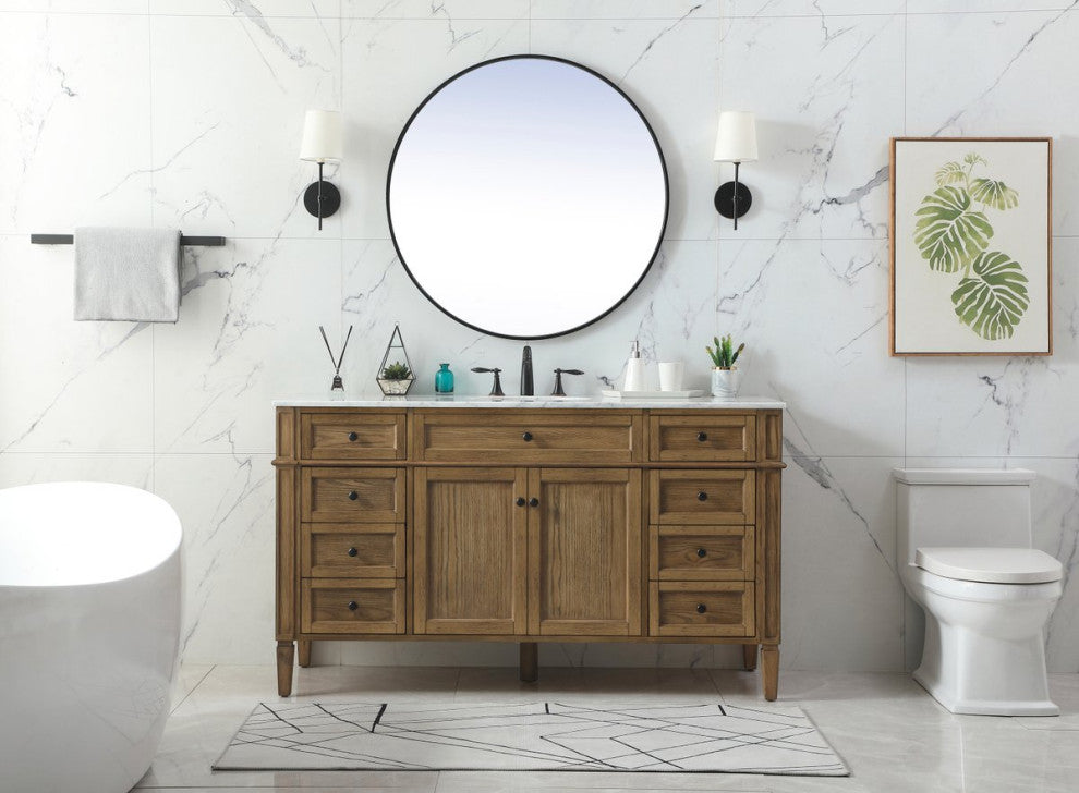 Home Living Vanity with Carrara White Marble Countertop, Driftwood, 60", Single Sink