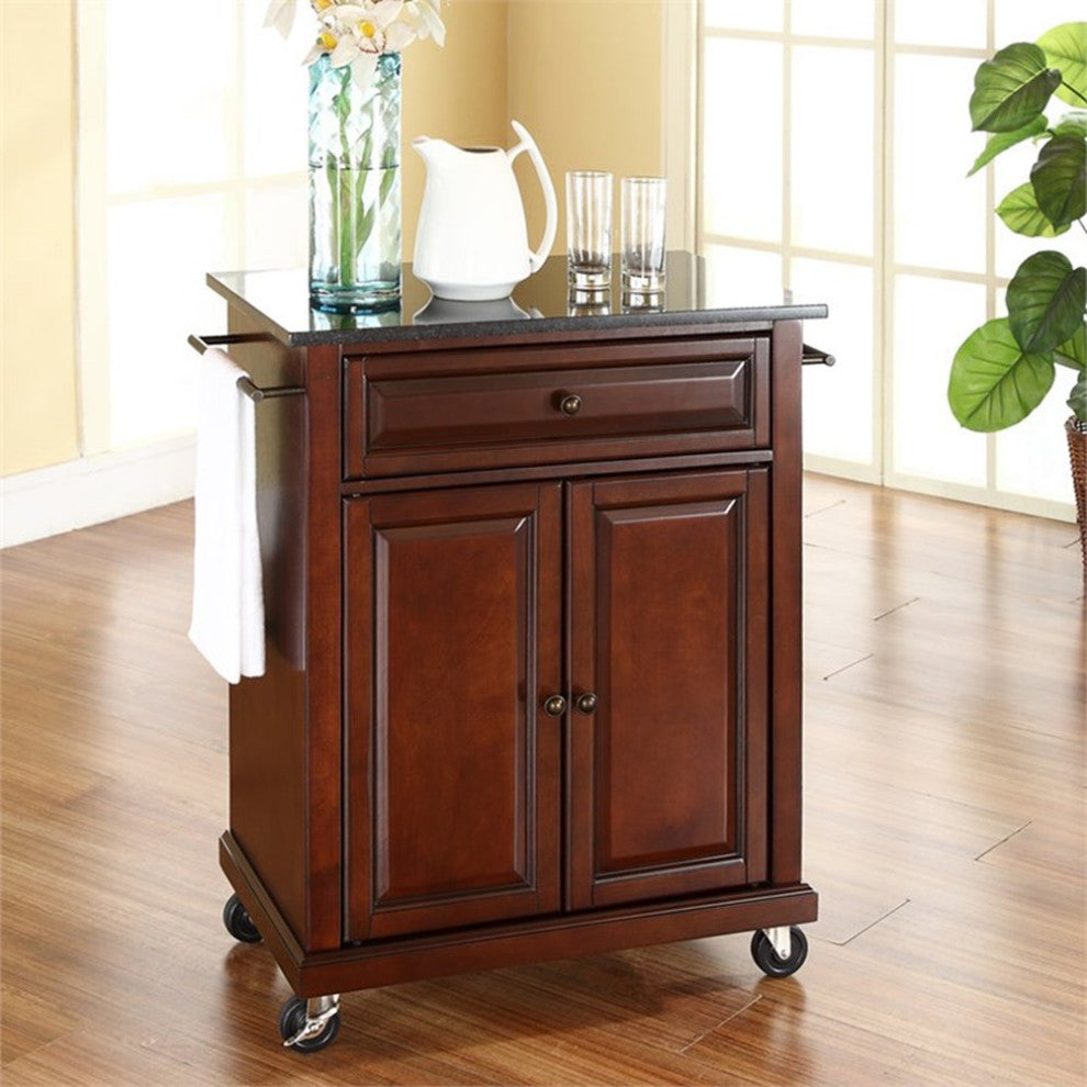 Catania Modern Black Granite Top Portable Kitchen Cart in Mahogany