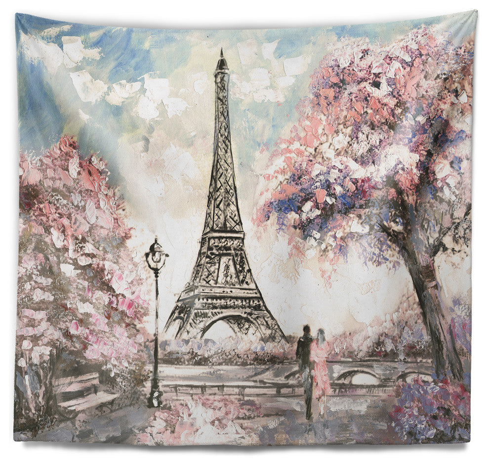 Eiffel with Pink Flowers Landscape Wall Tapestry, 92"x78"