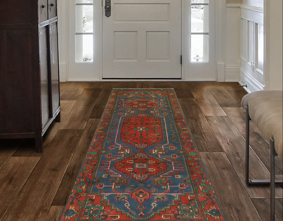 Fine Vintage Distressed Andric Red/Blue Runner, 3'5 x 10'2