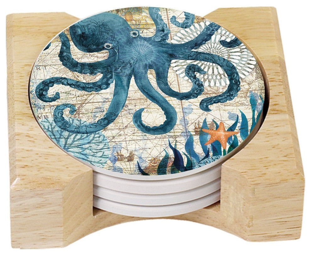 CounterArt Absorbent Coasters in Wooden Holder, Monterey Bay Octopus, Set of 4