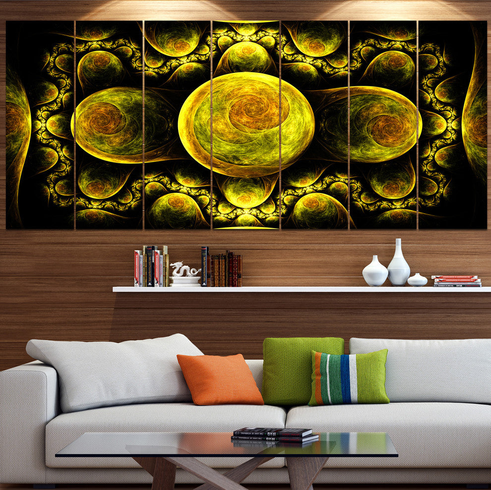 Yellow Exotic Fractal Pattern, Abstract Art on Canvas, 83"x32", 7 Panels