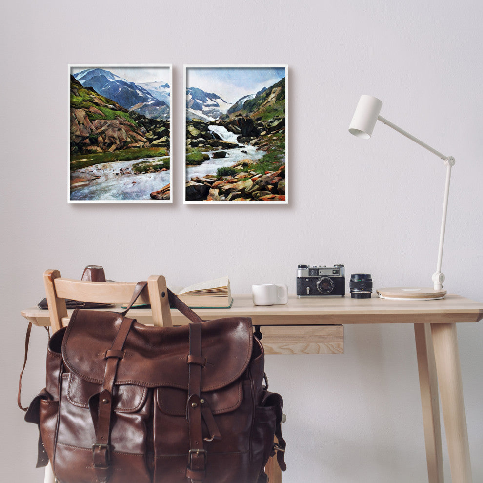 Peaceful Rocky Mountains Water Landscape Painting, 2pc, each 11 x 14