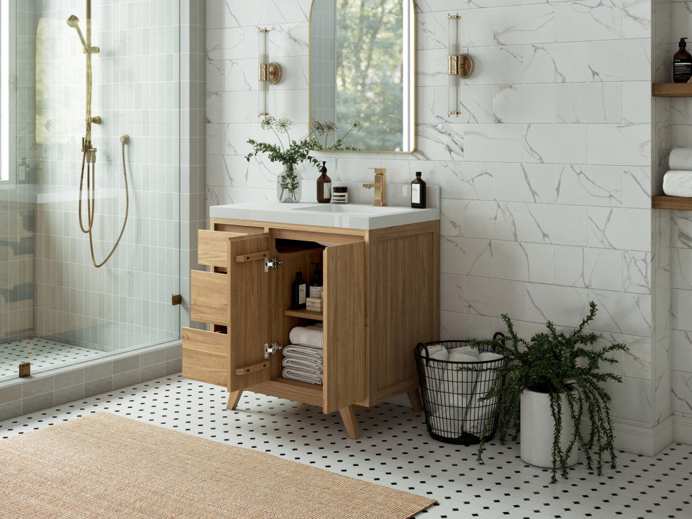 Madison Teak 36 Right Offset Bath Vanity in Light Natural 2" Piatra Gray