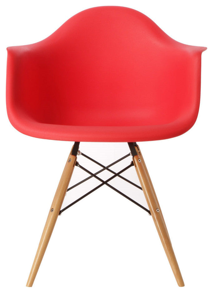 DAW Red Mid Century Modern Plastic Dining Armchair, Wood Eiffel Legs