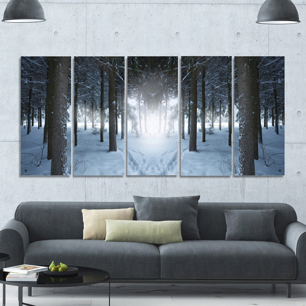 Winter Forest with Dark Woods, Landscape Canvas Art Print, 60"x28", 5 Panels