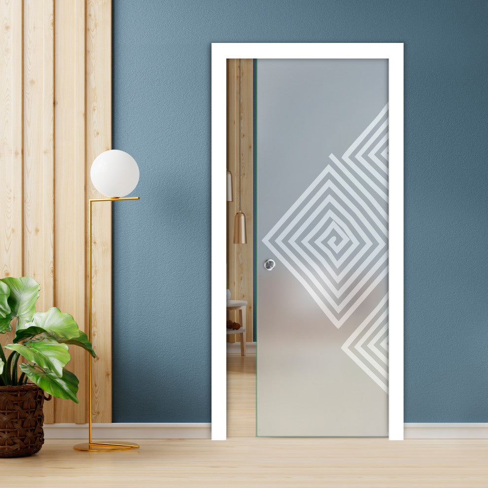 Pocket  Sliding Glass Door with Decorative Frosted Sandblasted Design, Full-Private, 32"x80", 5/16" (8mm)