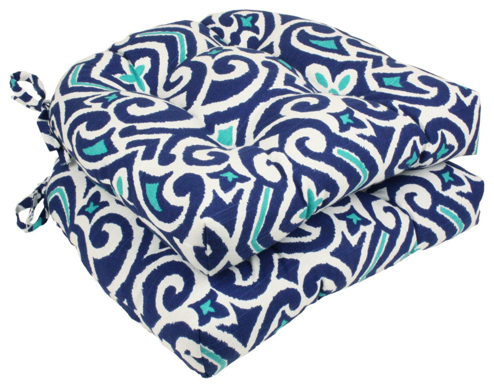 New Damask Marine Outdoor Deluxe Tufted Chairpad Set of 2
