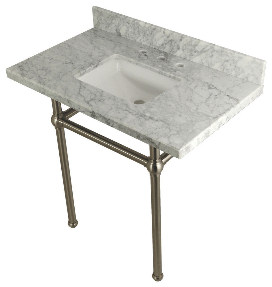 36X22 Marble Vanity Top w/Brass Console Legs, Carrara Marble/Brushed Nickel