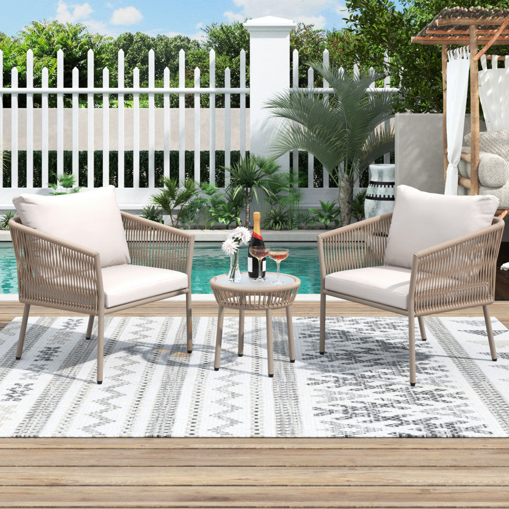 3-Piece Woven Rope Light Luxury Simple Style Outdoor Set with Coffee Table, Beige