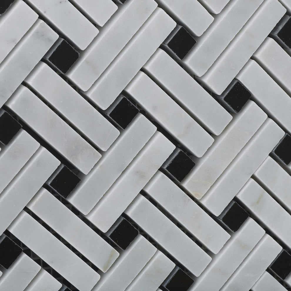 Oriental White Marble Honed Stanza Basketweave Mosaic  w/Black