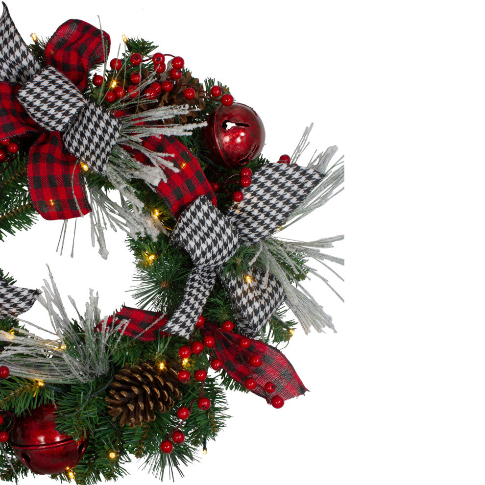 Decorated Plaid, Houndstooth Artificial Christmas Wreath 24" Warm White Lights