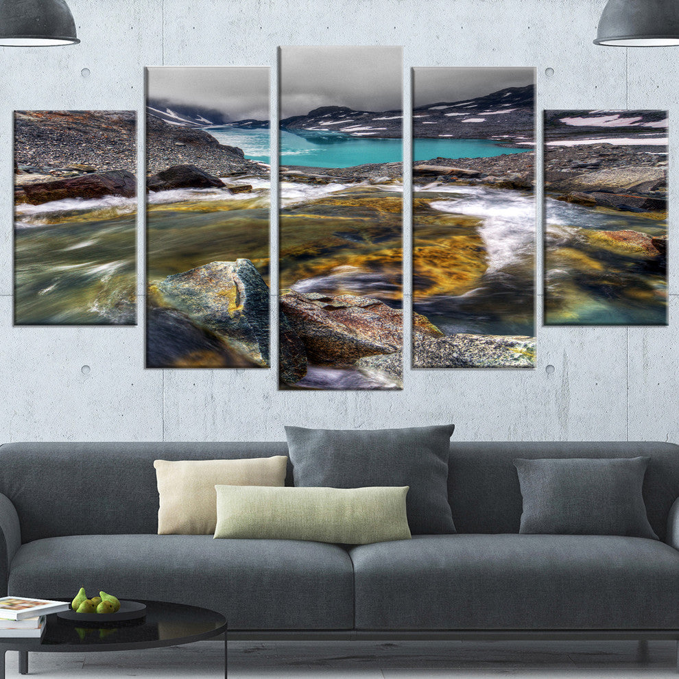 Mountain Creek Flowing into Lake, Landscape Canvas Print, 60"x32", 5 Panels