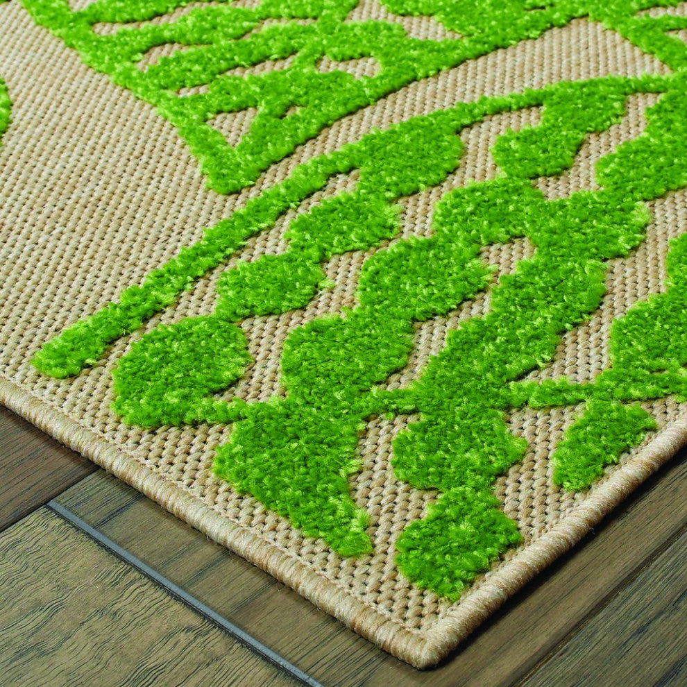 HomeRoots 7' x 10' Sand and Lime Green Leaves Indoor Outdoor Area Rug