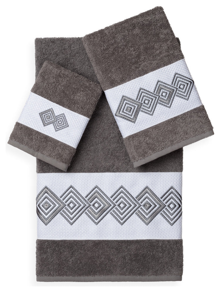 Linum Home Textiles Noah 3-Piece Embellished Towel Set, Dark Gray