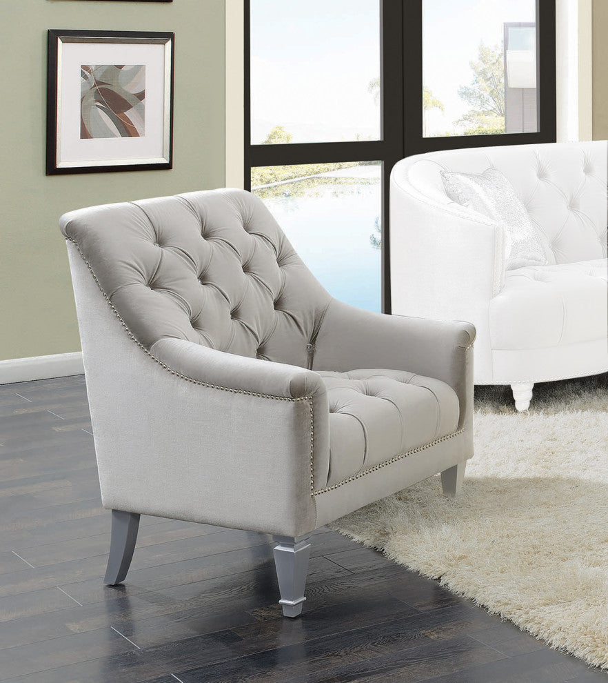 Sloped Arm Tufted Chair with Nailhead Trim in Gray
