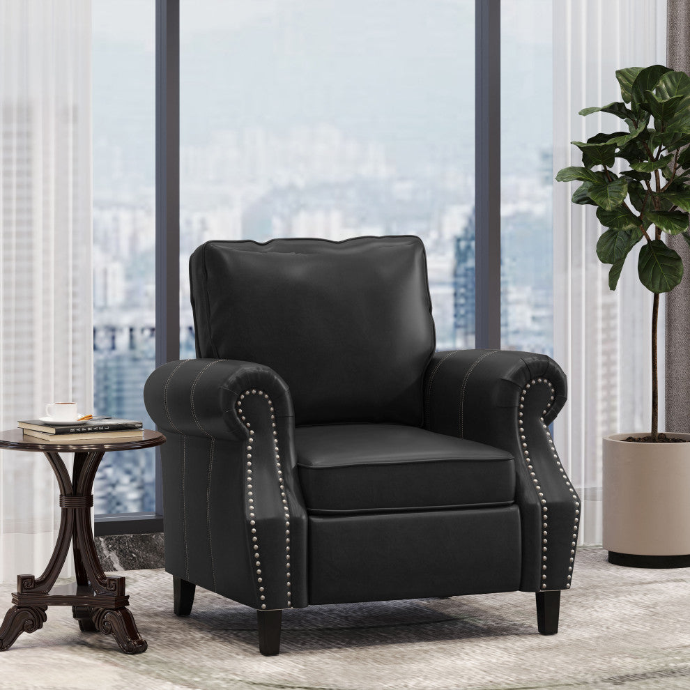 Burkehaven Contemporary Faux Leather Club Chair With Nailhead Trim, Midnight Black/Dark Brown