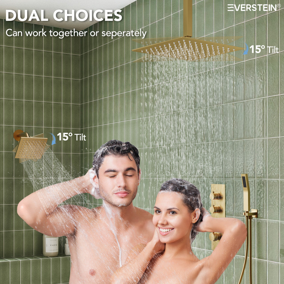 Dual Heads Shower System 16" Rain Shower Head with 4 Way Thermostatic Faucet, Brushed Gold