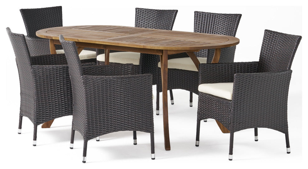 GDF Studio 7-Piece Edna Outdoor TeakAcacia& Wicker Dining Set, Teak/Multi Brown