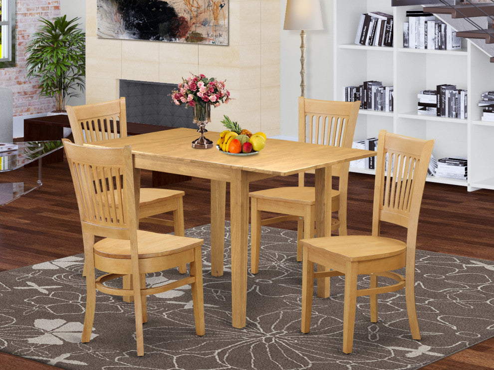 5Pc Dining Room Table Set Includes Wood Table, 4 Dinette Chairs, Slat Back, Oak