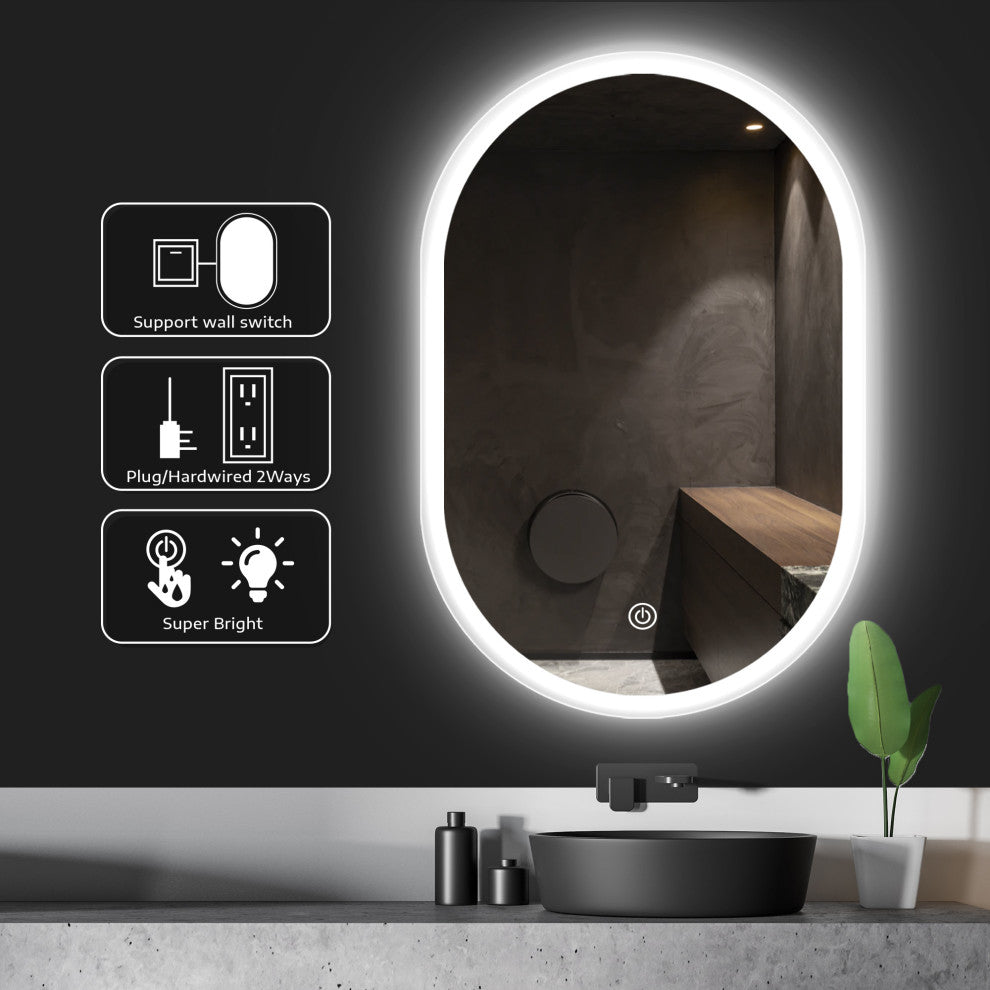 Dimmable 26"x18" LED Oval Frameless Wall-mounted Bathroom Backlit Mirror