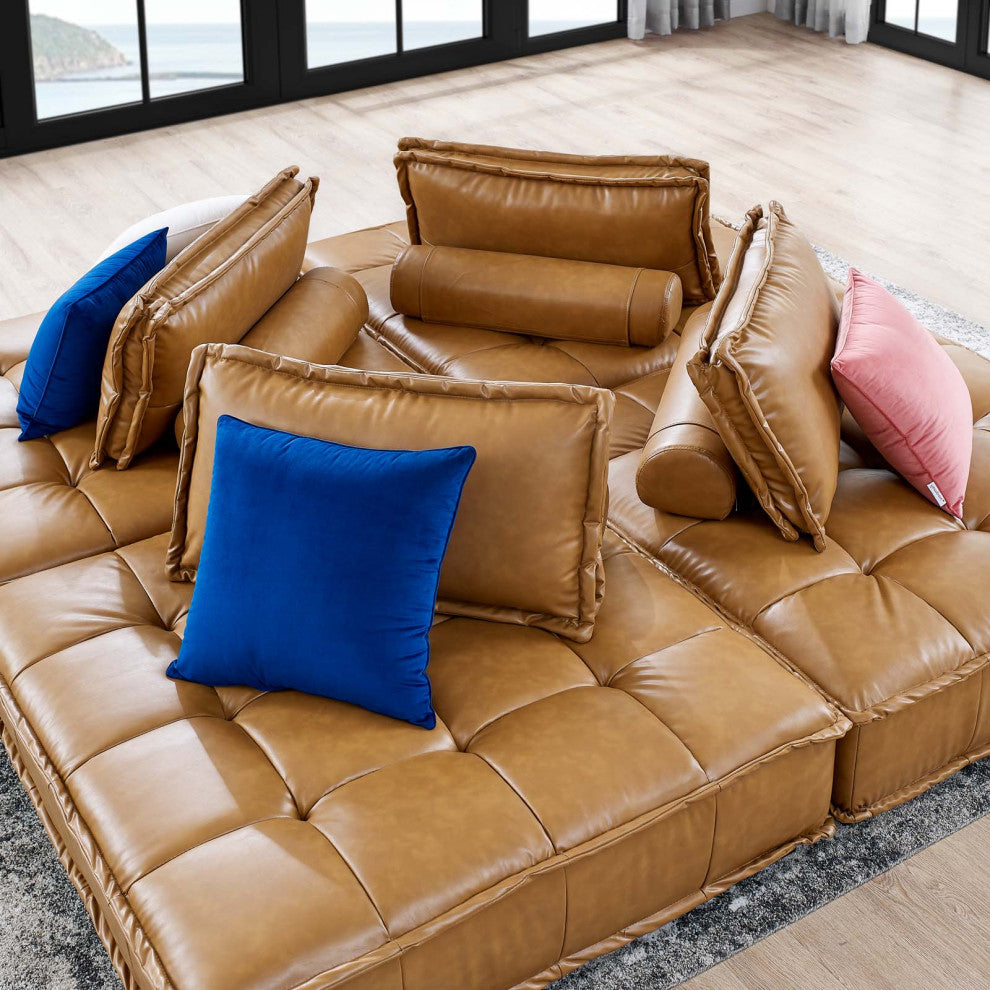 Modular Deep Tufted Sectional Sofa Set, Tan, Fabric, Modern, Lounge Hospitality