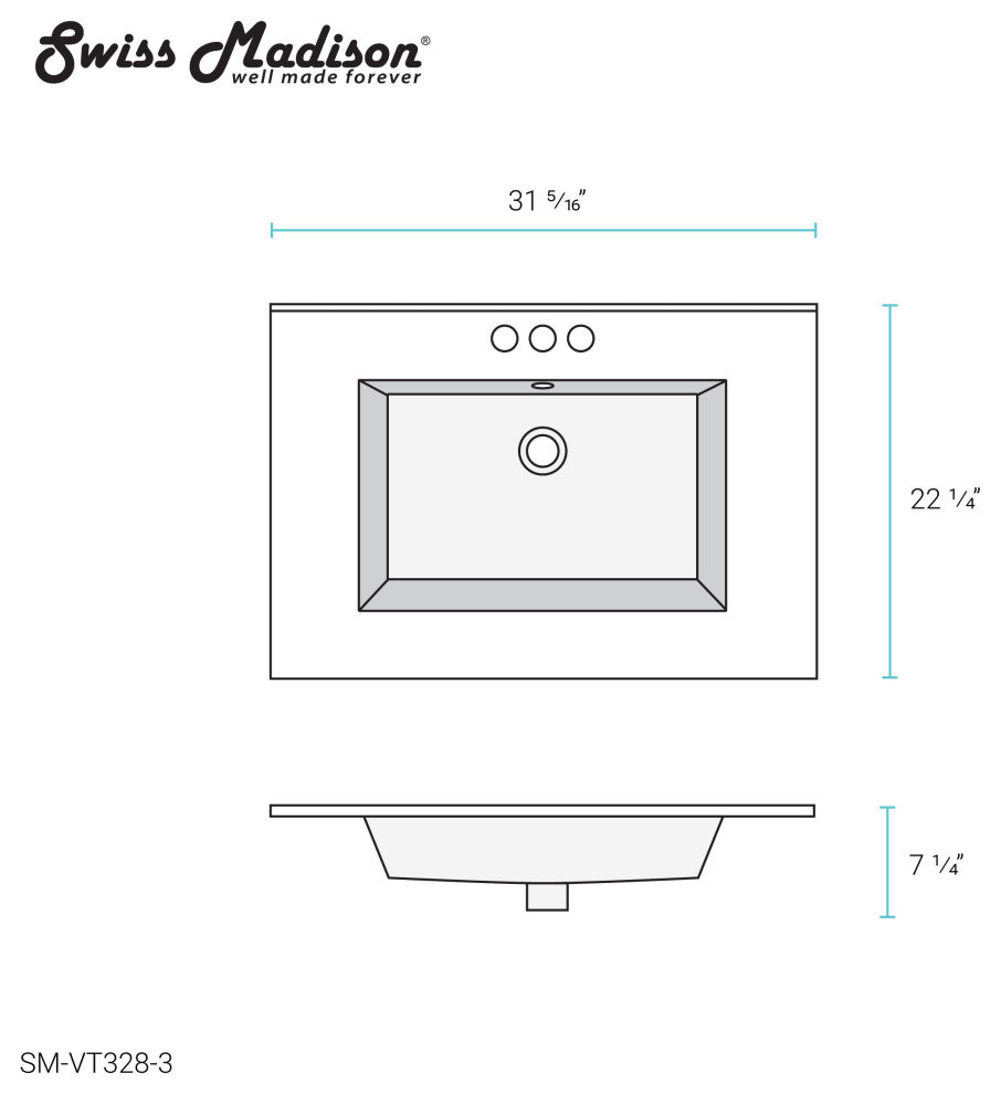 Voltaire 31" Vanity Top Sink with 3" Centerset Faucet Holes