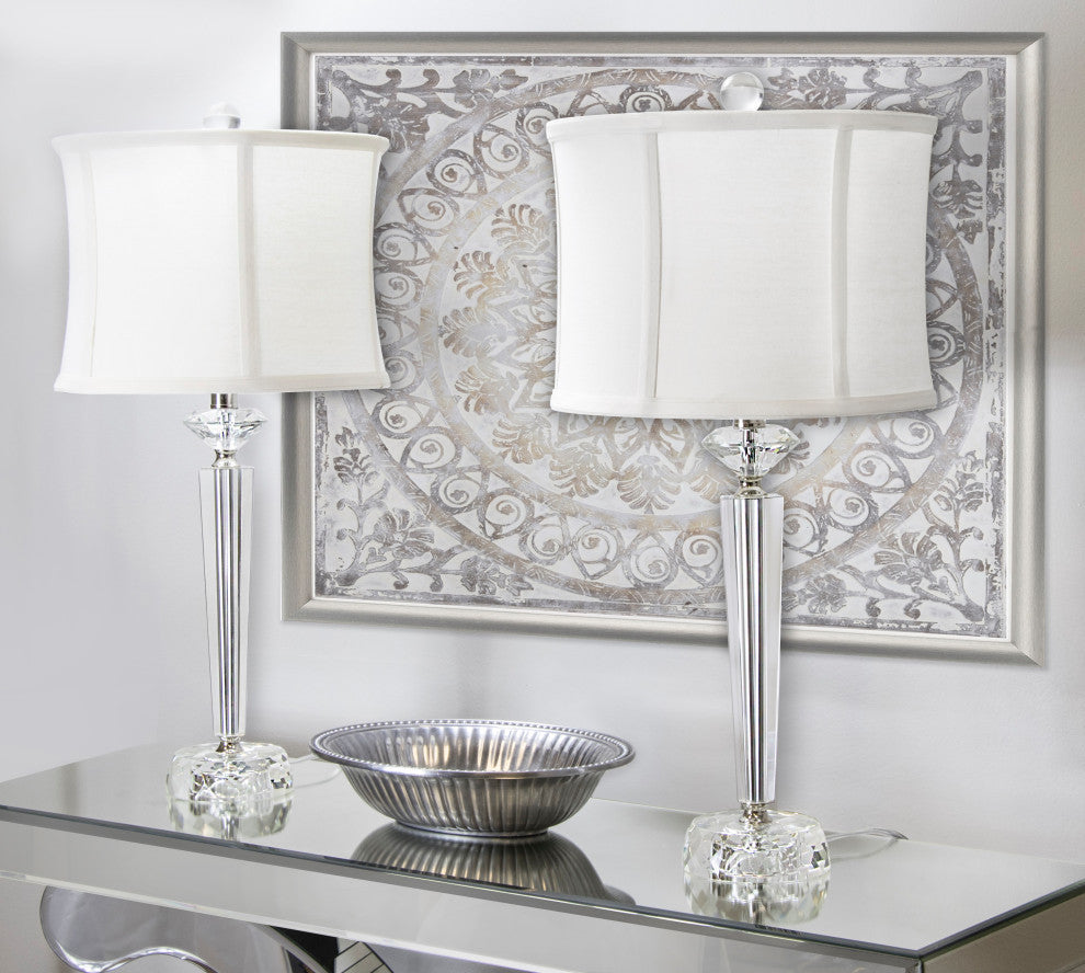 25.75" Clear Crystal Table Lamps,  Polished Nickel/Off White Shades, Set of 2