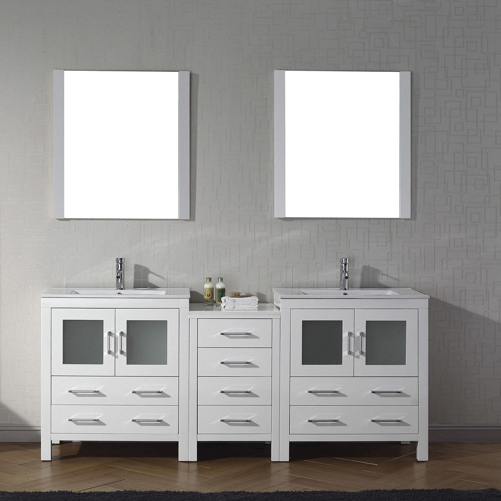 Virtu Dior 78" Double Bathroom Vanity, White, Polished Chrome Faucet, Mirrors