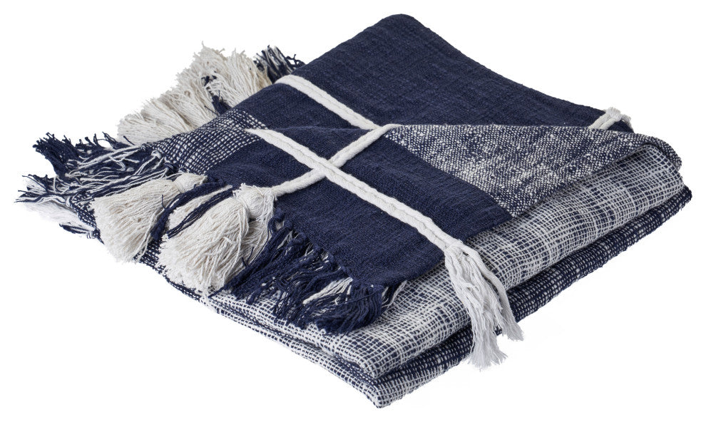 Navy and White Braided Plaid Throw Blanket