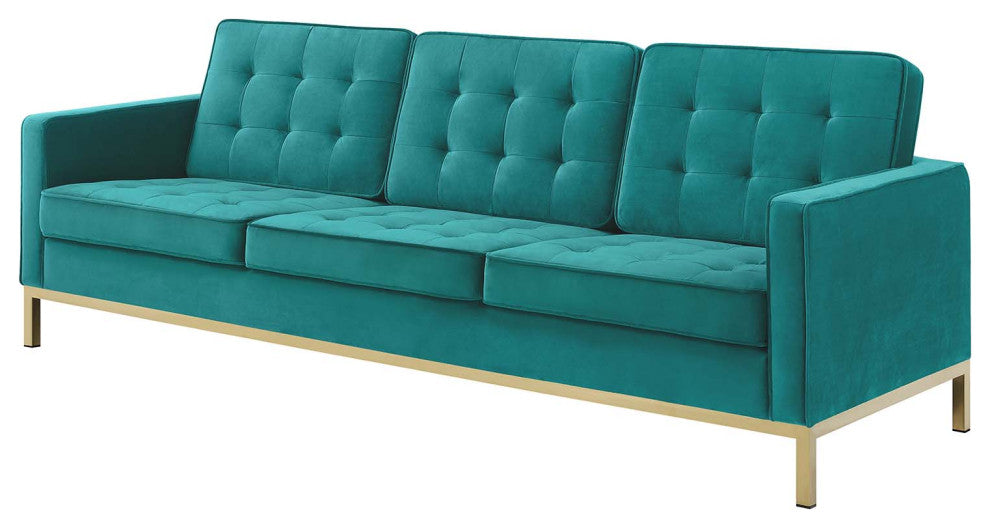Armchair and Loveseat Sofa Set, Velvet, Gold Teal Blue, Modern, Lounge