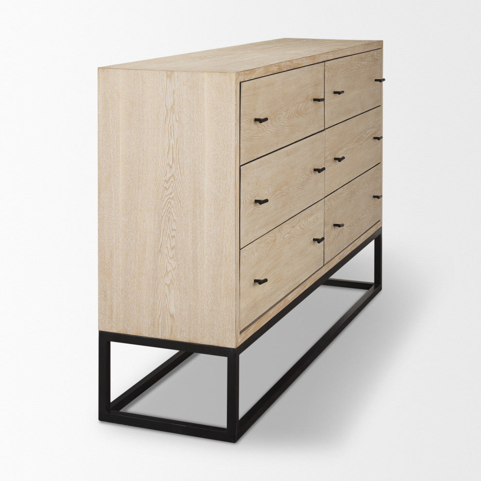 Ciara 6 Drawer Beige Fir Veneer With Black Metal Sideboard