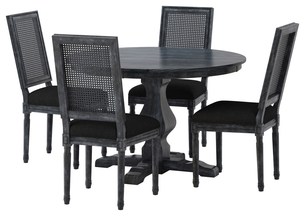 Merlene French Country Upholstered Wood and Cane 5-Piece Circular Dining Set, Gray/Black