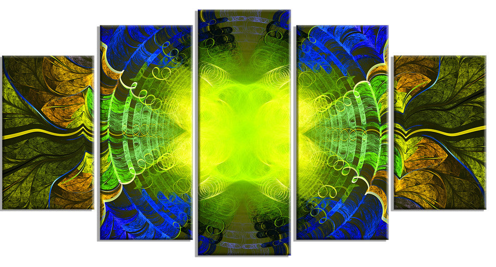 Green Golden Fractal Stained Glass, Abstract Canvas Art Print, 60"x32", 5 Panels