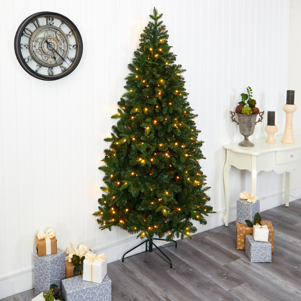 7' Grand Teton Spruce Flat Back Faux Xmas Tree W/ Lights & Bendable Branches