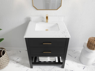 Parker 30" Single Sink Bath Vanity, Black 1.5" Empira White Quartz