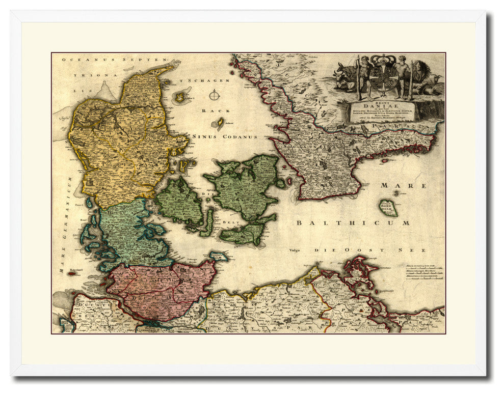 Denmark Centuries Vintage Old Map Print On Canvas With Picture Frame 28" X 37"