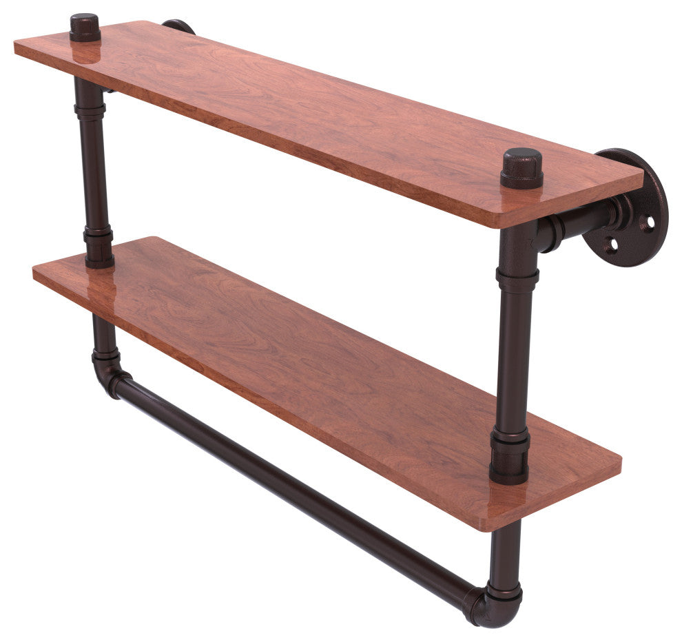 Pipeline Double Ironwood Shelf with Towel Bar, Antique Bronze, 22"