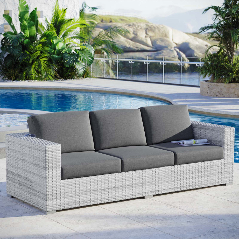 Lounge Sofa, Rattan, Wicker, Gray, Outdoor Patio Balcony Cafe Bistro Garden