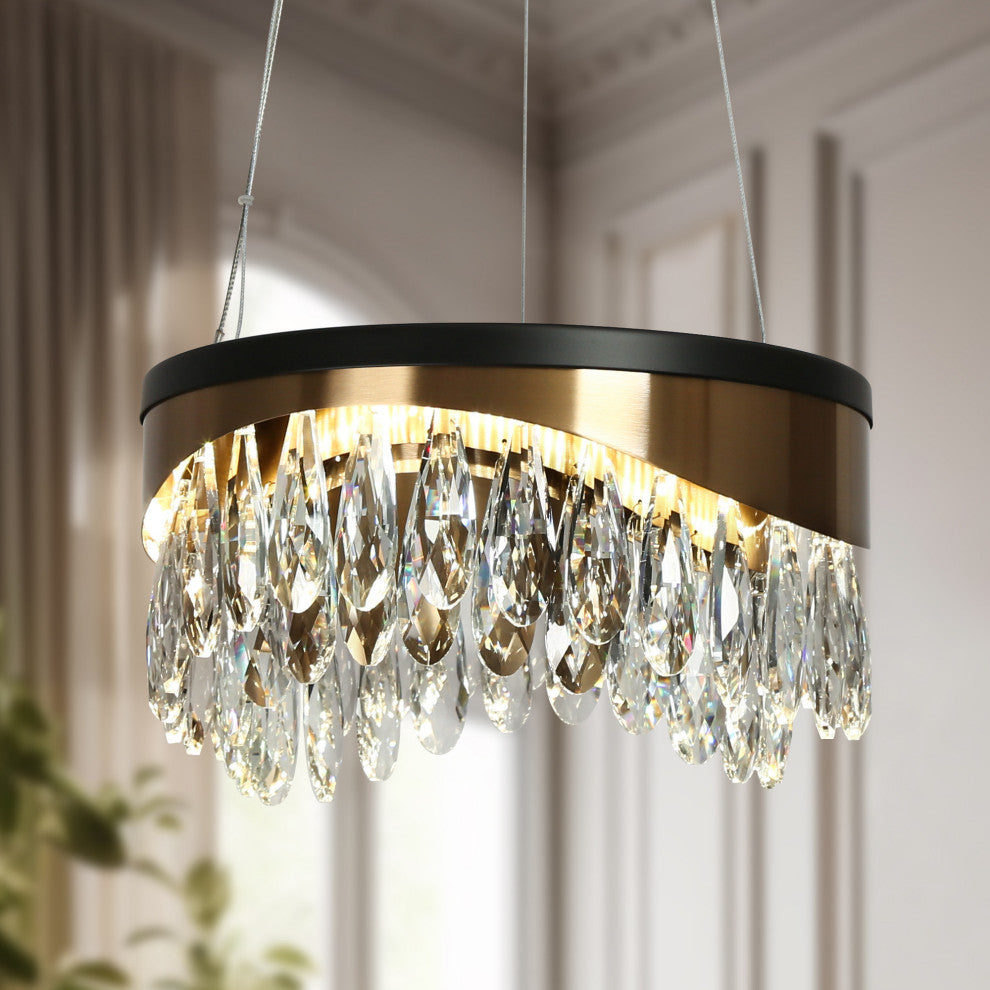 LNC Modern Black Polished Gold Drum Chandelier with Crystal Glass Drops, 11.8"w