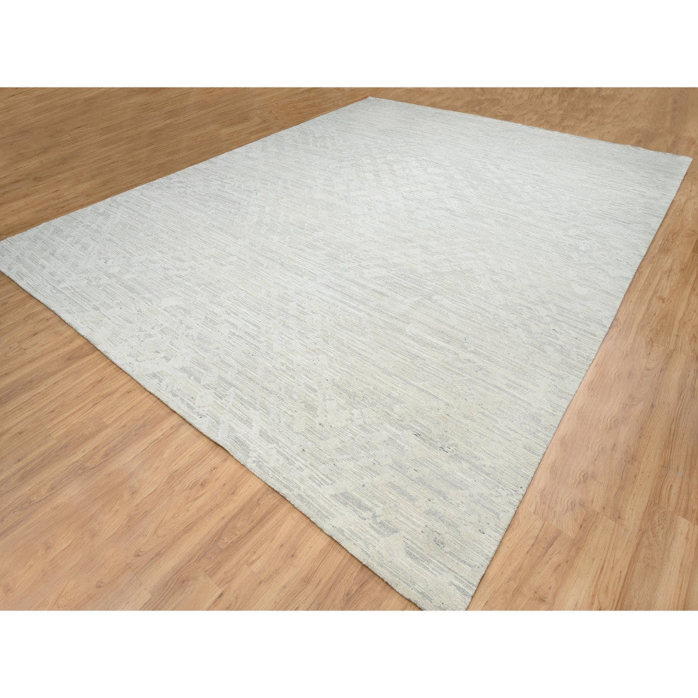 Light Gray Hand Knotted Modern Design Natural Wool Oversized Rug, 14'1"x18'0"