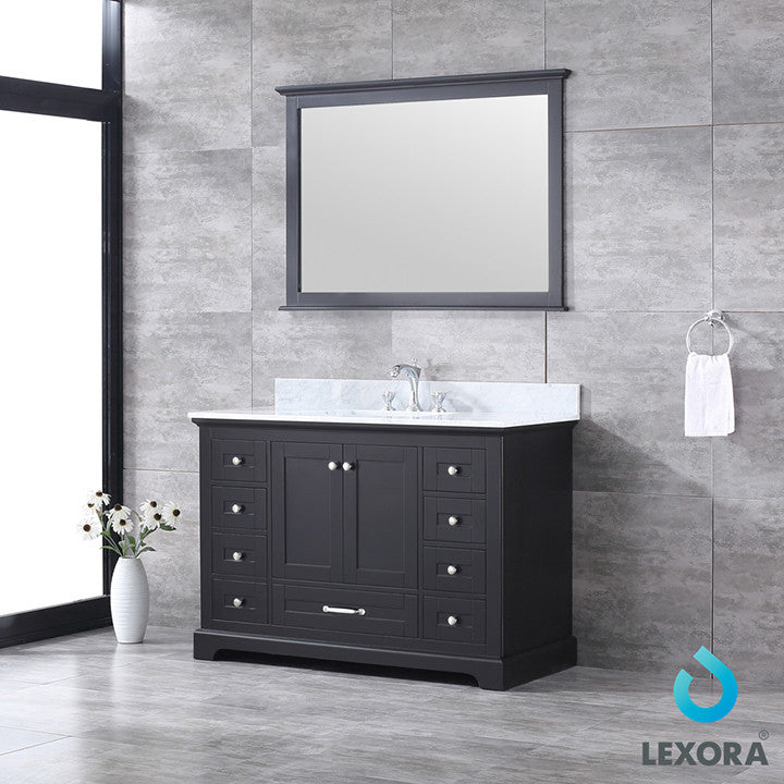 Dukes 48" Vanity, Wht Carrara Marble Top & 46" Mirror w/ Faucet, Espresso