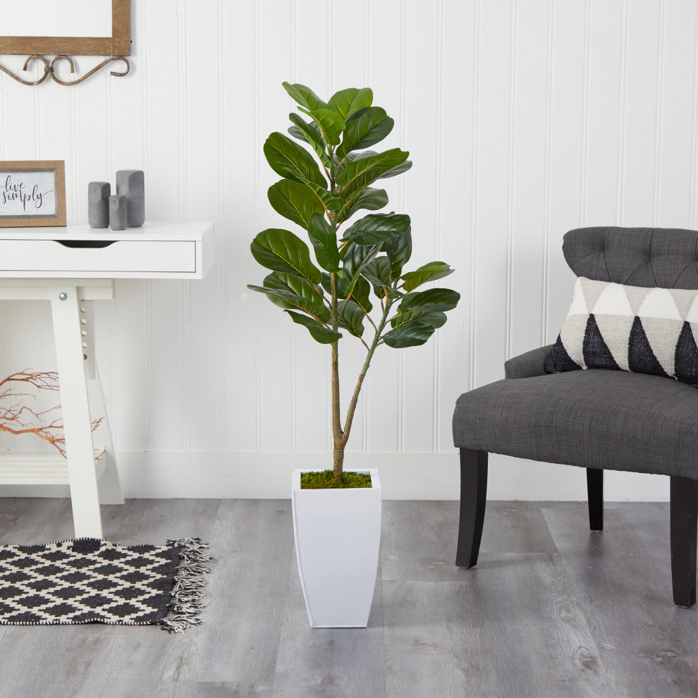 4'' Fiddle Leaf Fig Artificial Tree, White Metal Planter