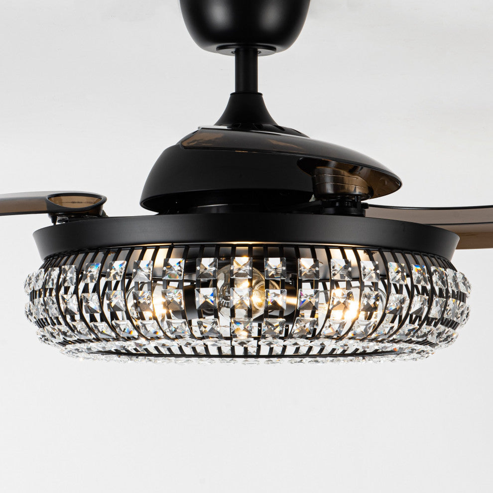 42 in. Modern Black Crystal Retractable Ceiling Fan with Light Kit and Remote